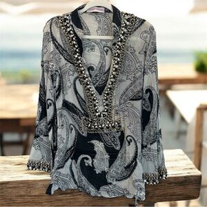 Monique Leshman Paisley Beaded Embellished Tunic Blouse swim cover Medium